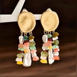 NWT Handcrafted Aventurine Dopamine Natural Stone Gold Clip Dangle Earrings